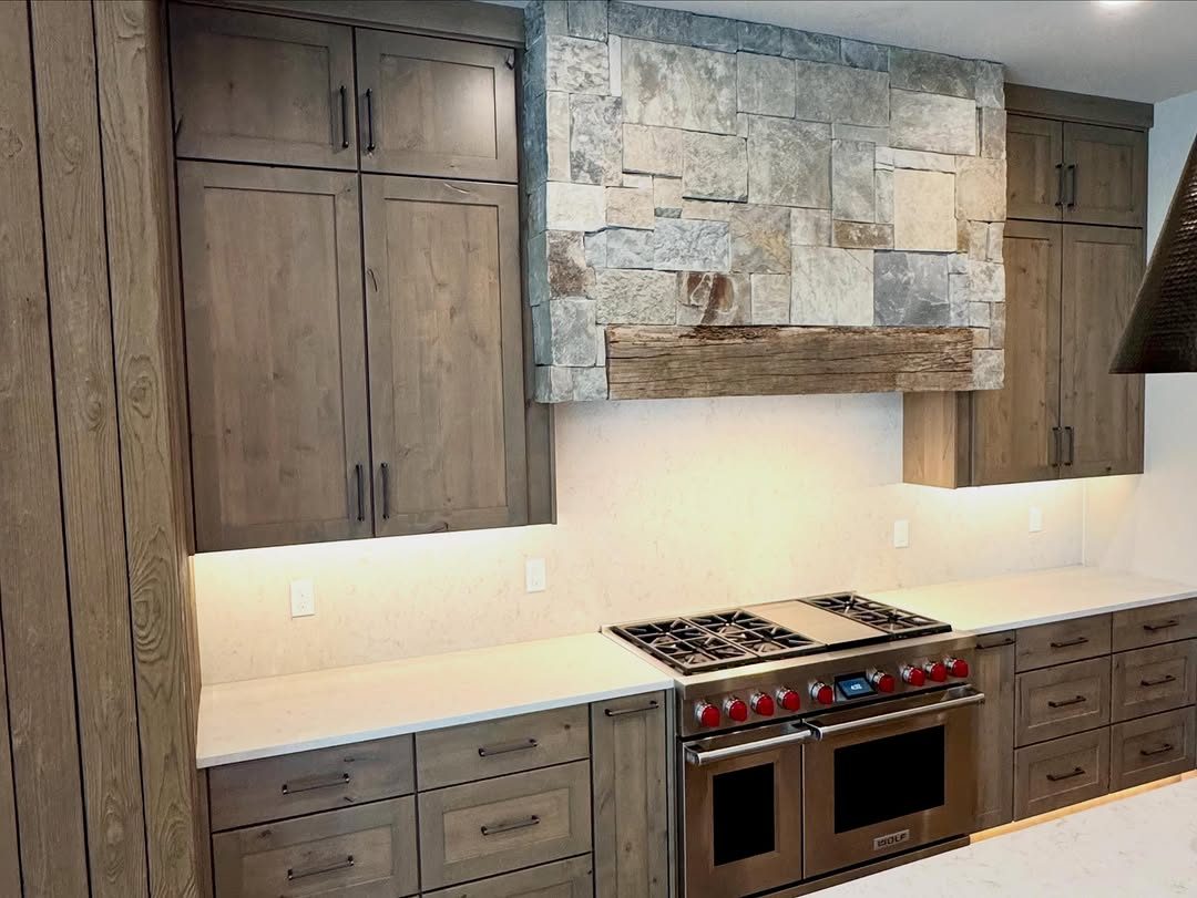 Alder range wall with stone backsplash